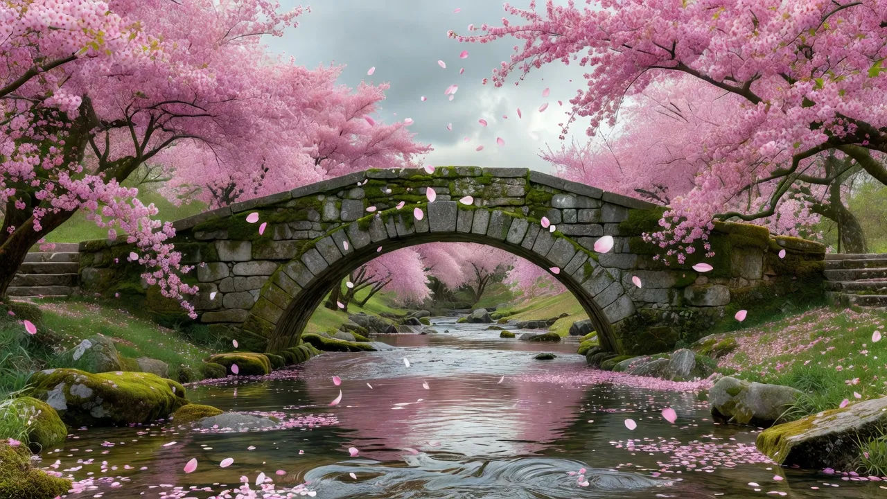Petal-strewn bridge view