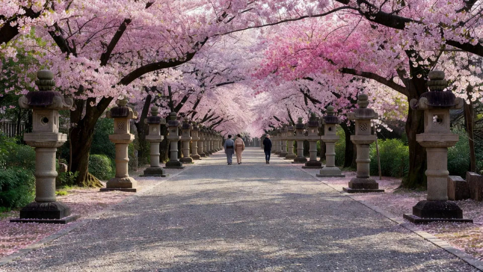Lantern-lined blossom path