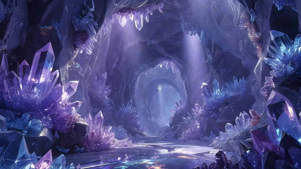 Glowing crystal cavern panorama