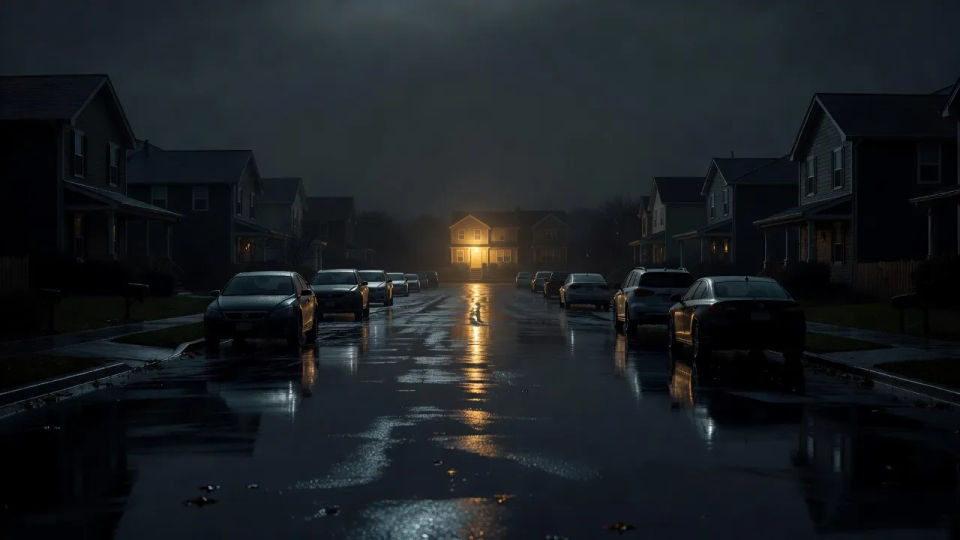 Rain-slick street after dark