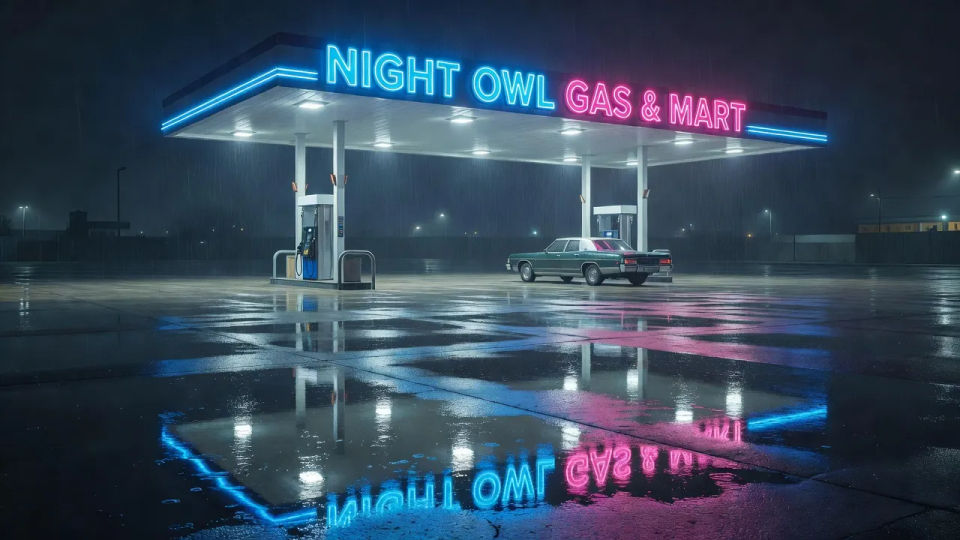 Rain-slick forecourt