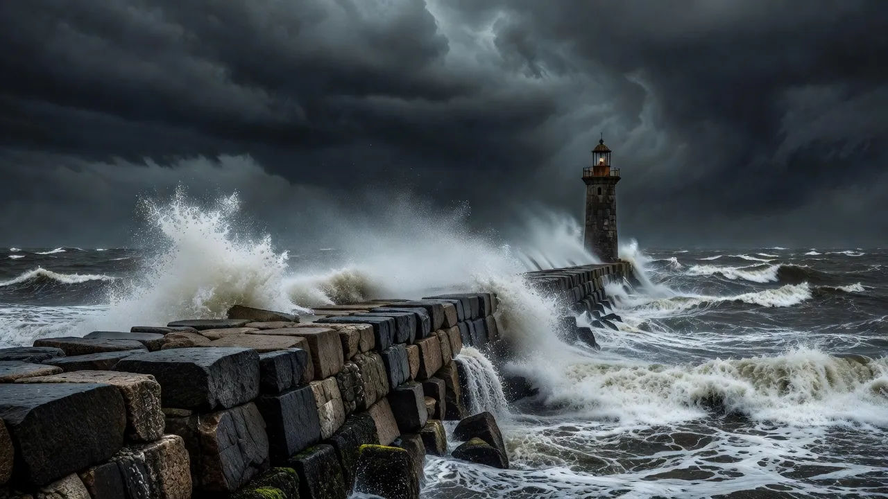Storm-lit breakwater