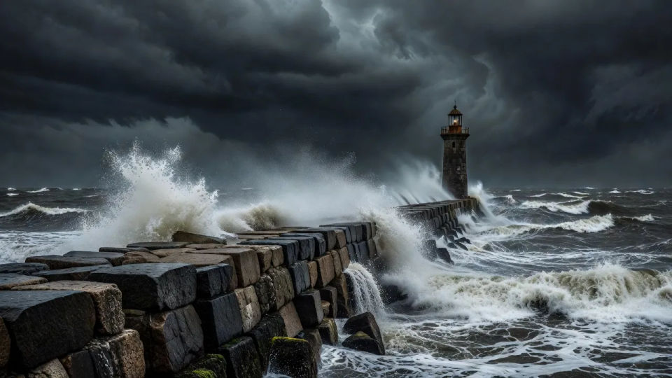 Storm-lit breakwater