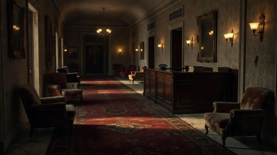 Lobby off a dim corridor