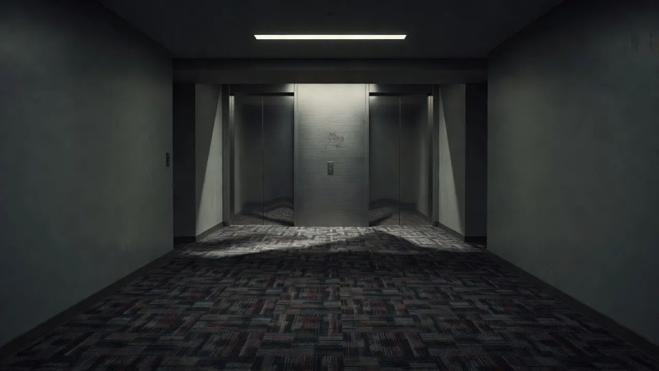 Elevator bank at the corridor end
