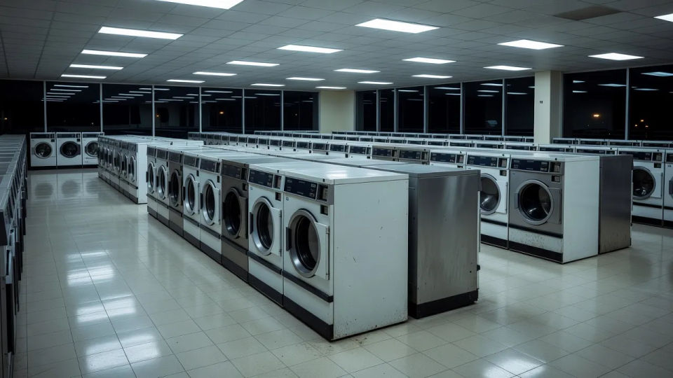 Laundromat interior at night