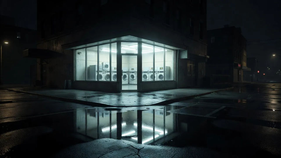Glowing storefront on a wet street
