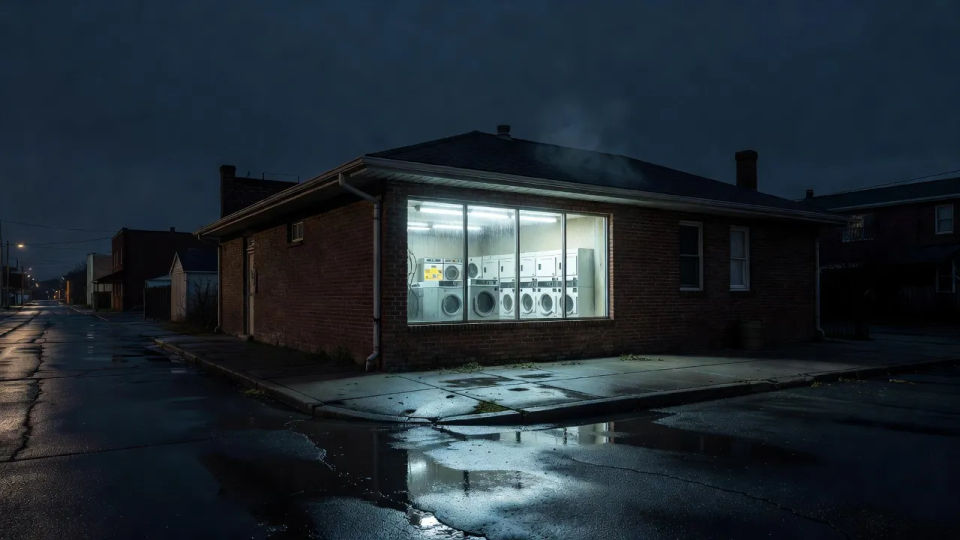 Corner laundromat from across the road