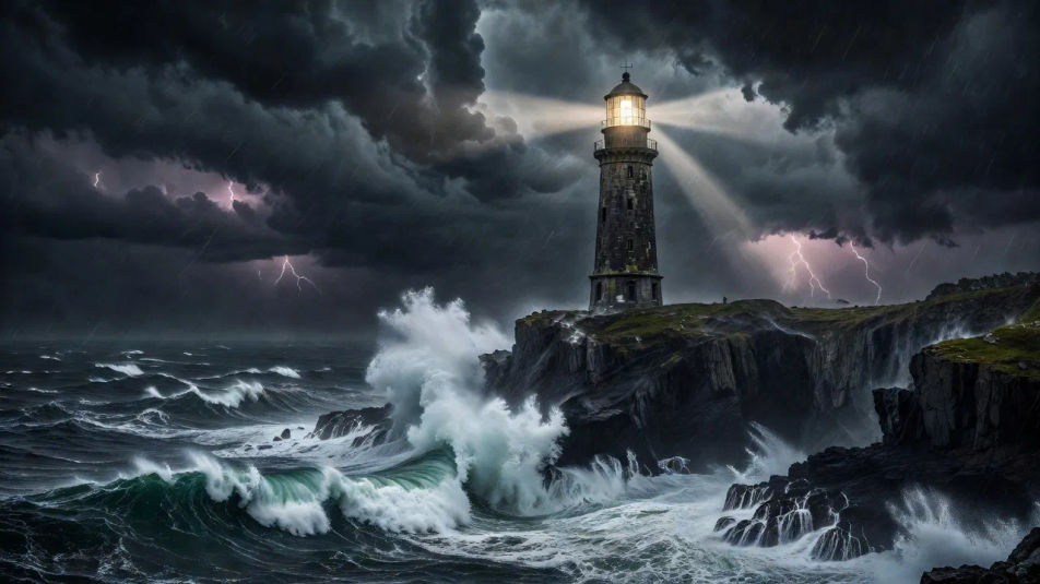 Cliff-top lighthouse at storm