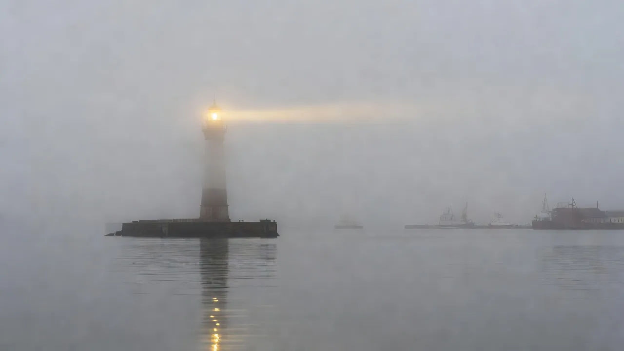 Fanal de port dans la brume