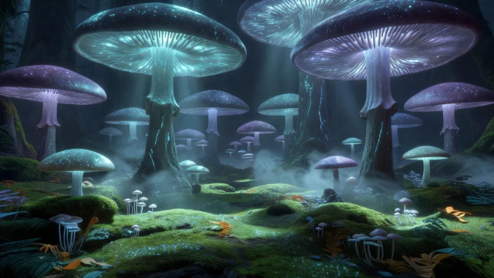 Glowing mushroom grove panorama