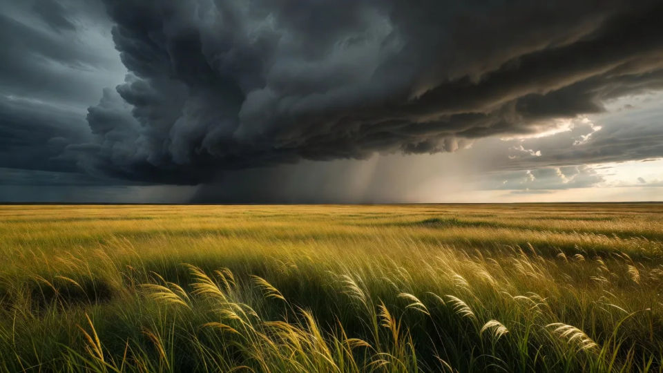 Storm building over grassland