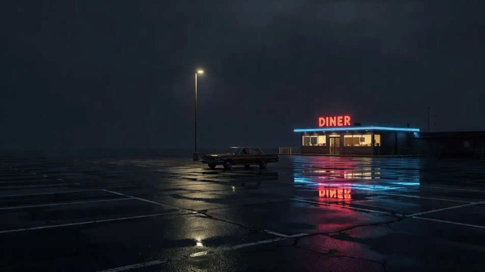 Rain-slick lot out front
