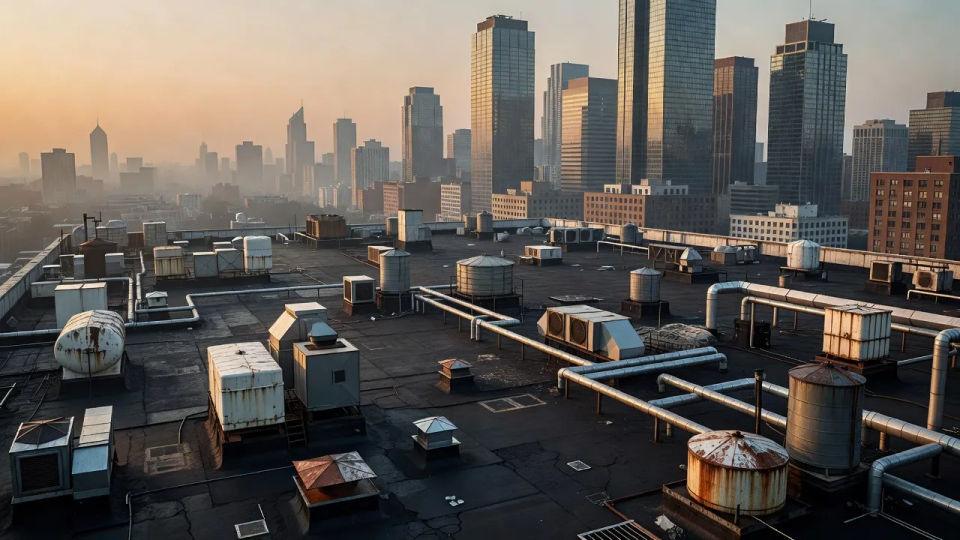 Cluttered tar rooftop