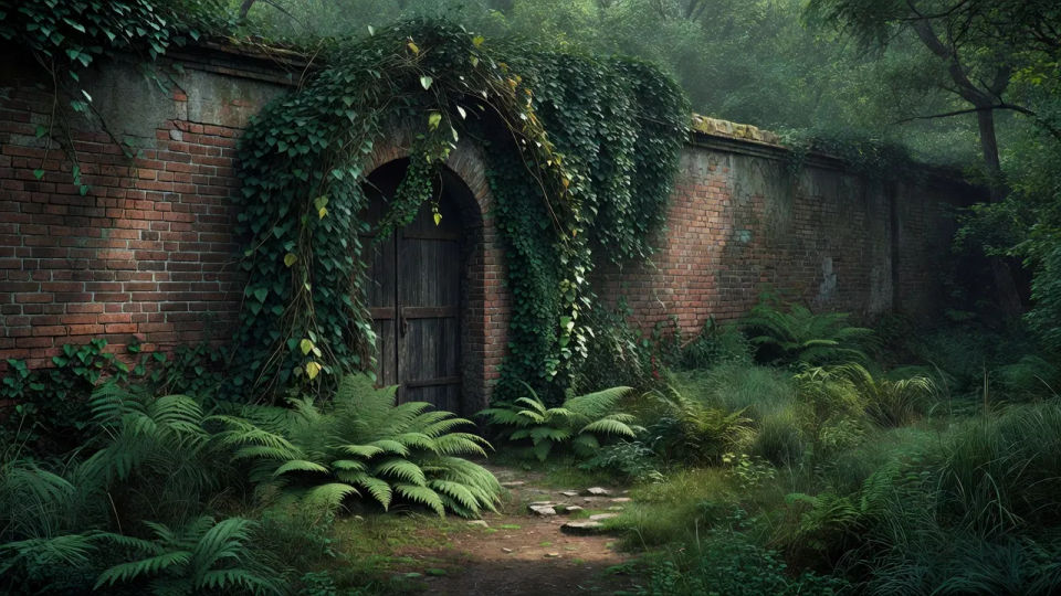 Ivy-hidden door view