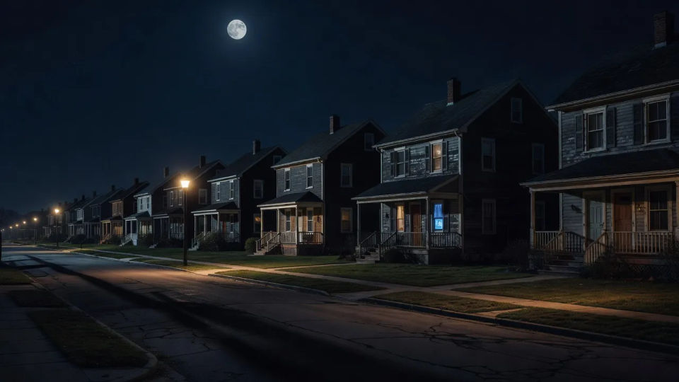 Row of houses with TV glow