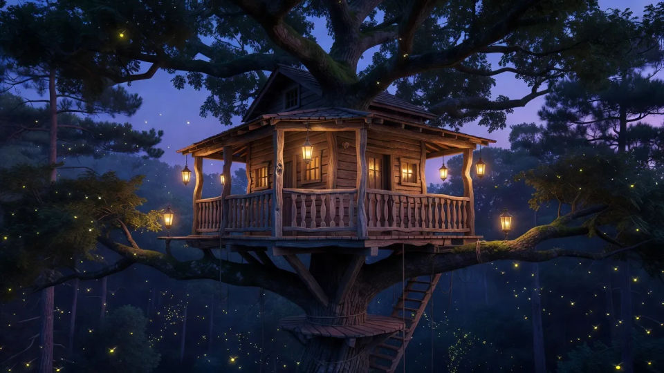 Lantern-lit treehouse at dusk