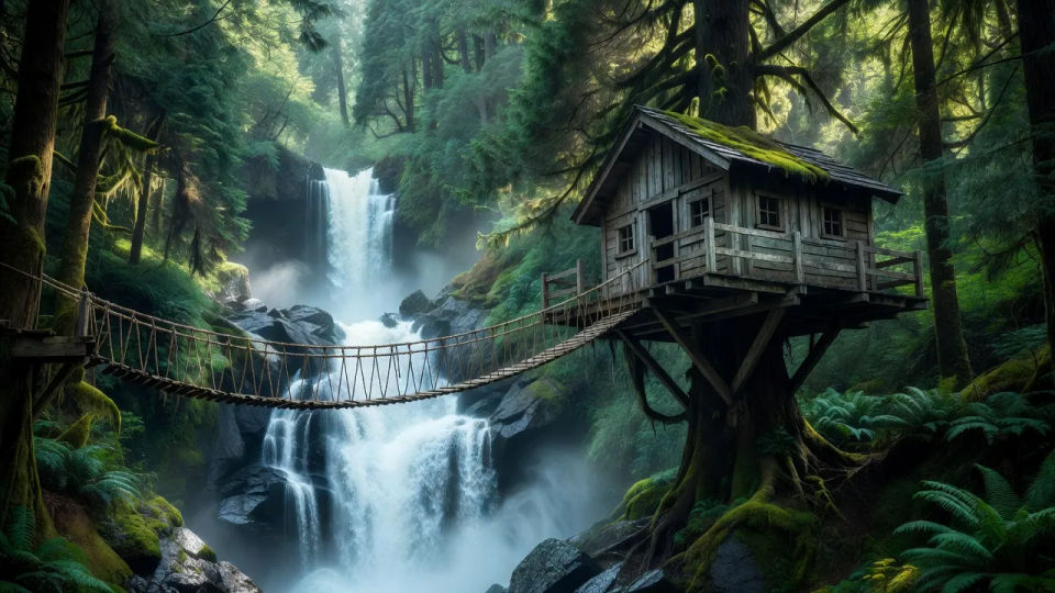 Waterfall treehouse view