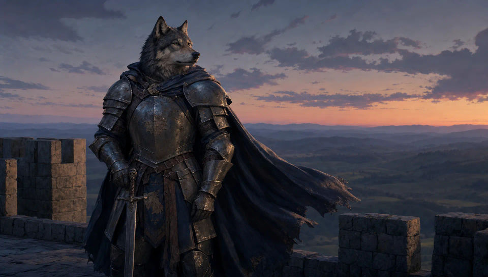 Wolf knight on a castle rampart