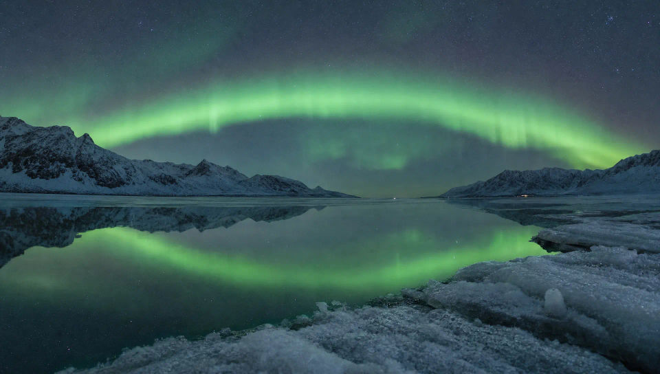 Aurora reflected in still arctic water