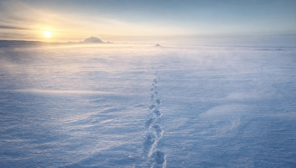 Tracks across an empty snowfield