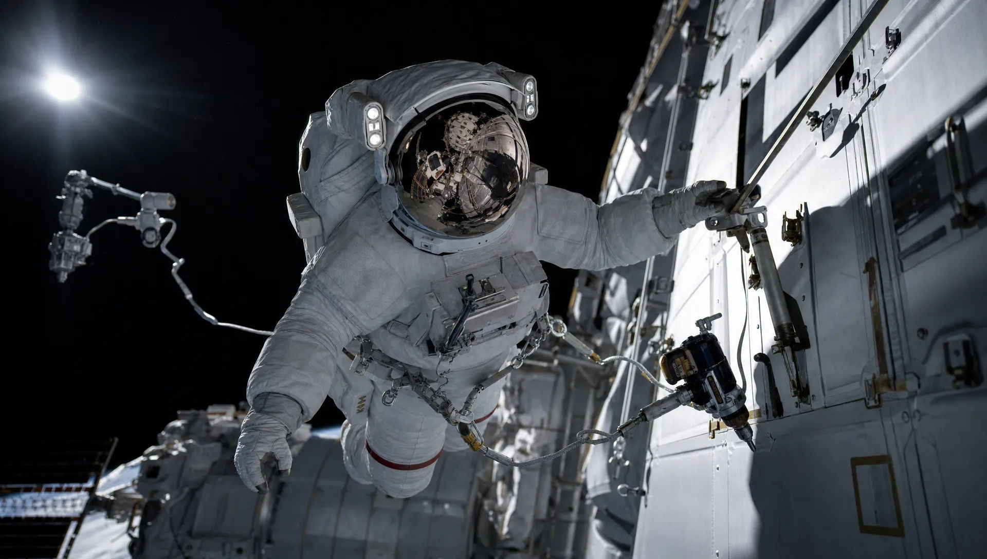 Sortie spatiale le long de la coque d’une station