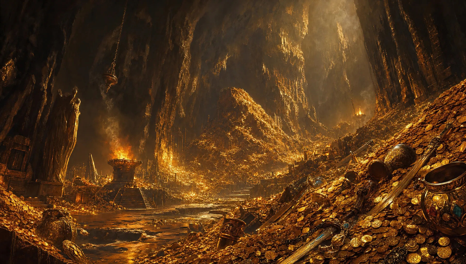 Mountain of gold beneath a cavern ceiling