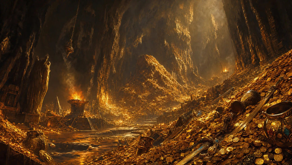 Montagne d'or sous une voûte de caverne