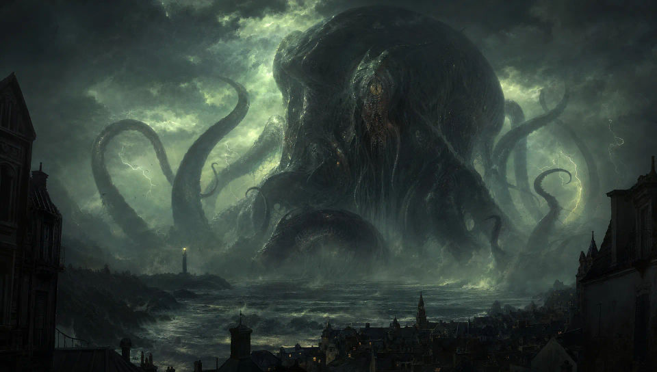 Colossus rising over a coastal town