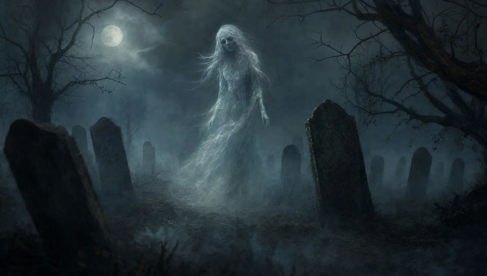 Spirit drifting through a graveyard mist