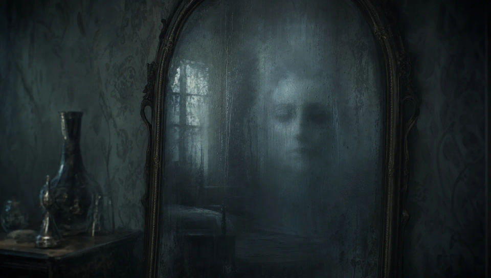 Face in a fogged mirror