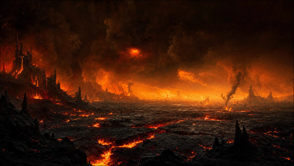Burning horizon over a lava plain