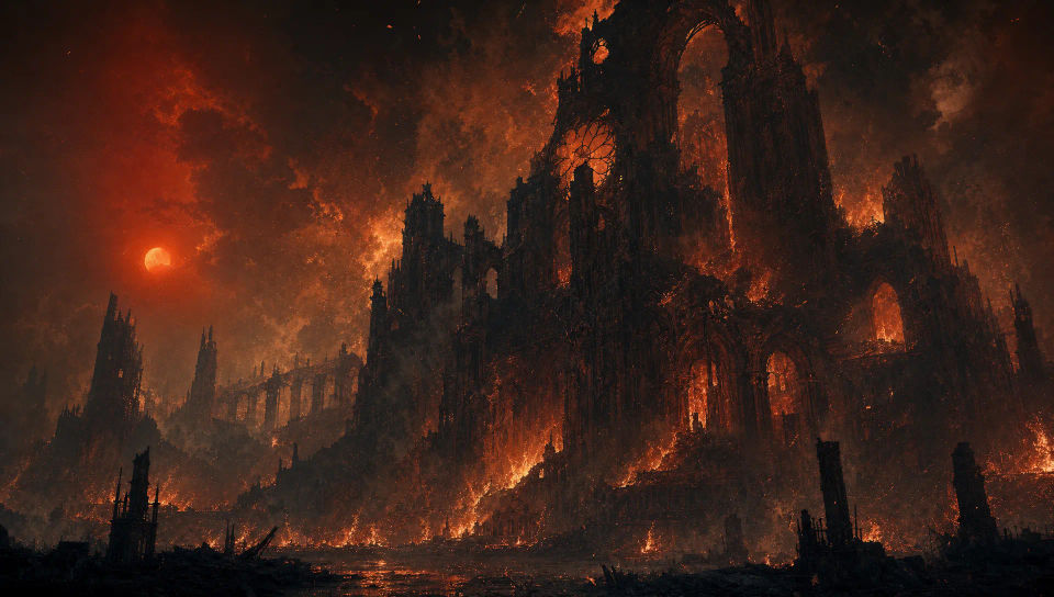 Ruined cathedral wreathed in flame