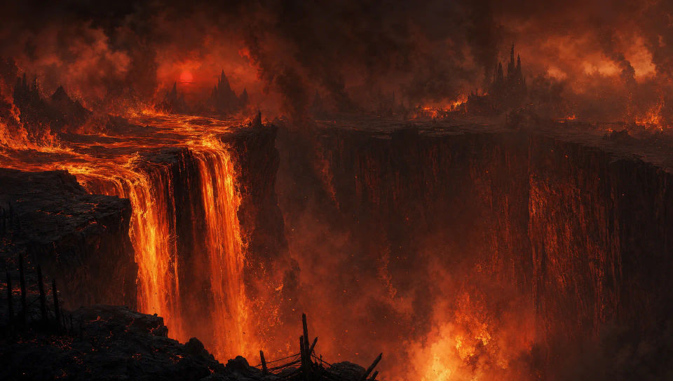 Lava waterfall pouring into a pit