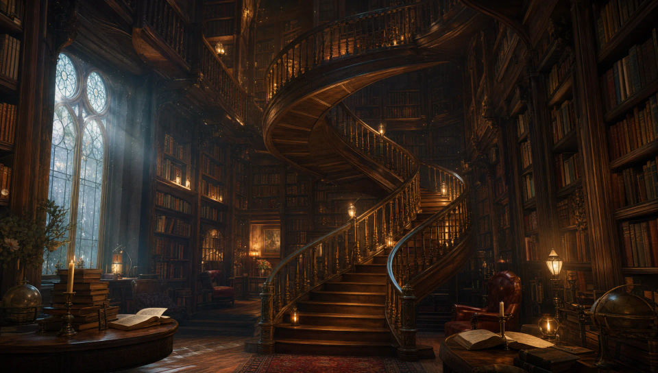 Spiral staircase climbing through the stacks