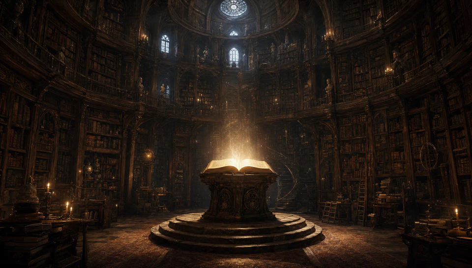 Glowing book on a central pedestal