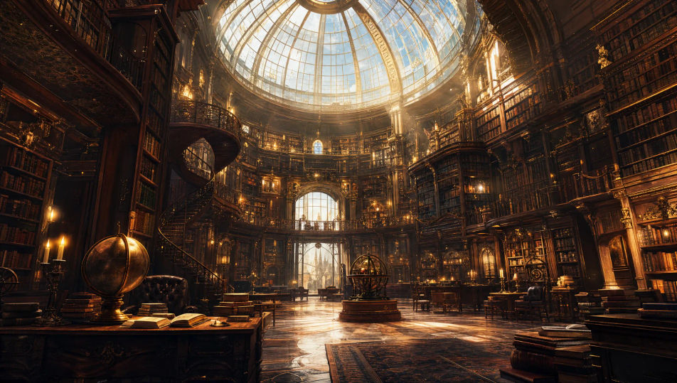 Endless hall of shelves under a glass dome