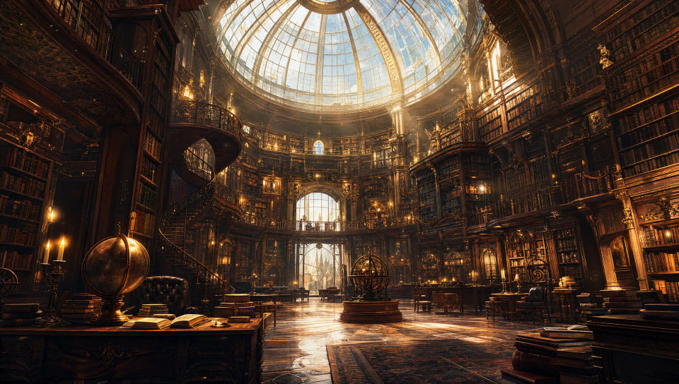 Endless hall of shelves under a glass dome