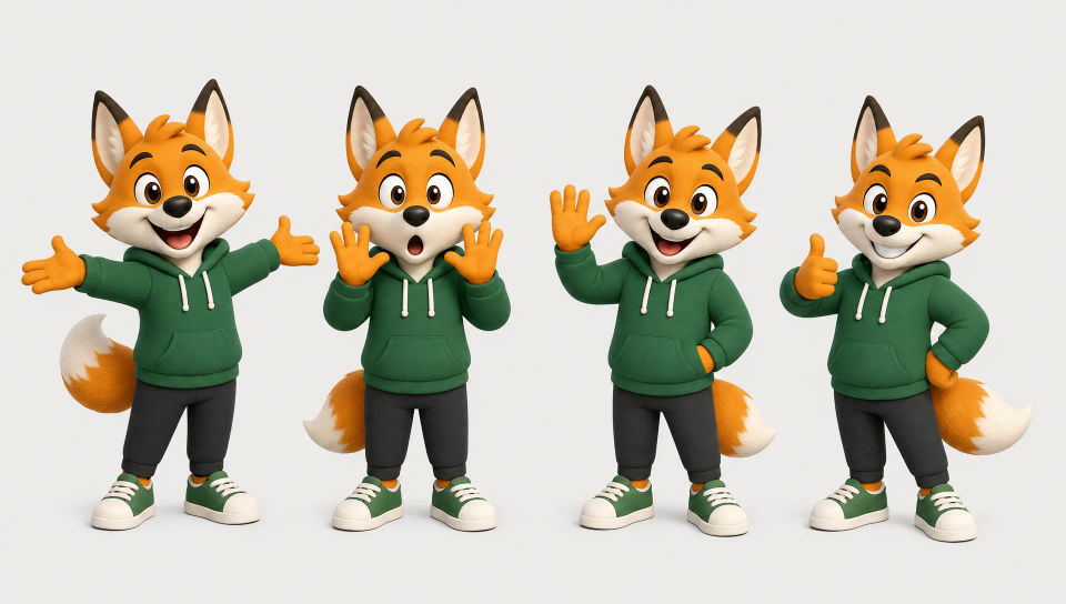 Mascot pose sheet across expressions