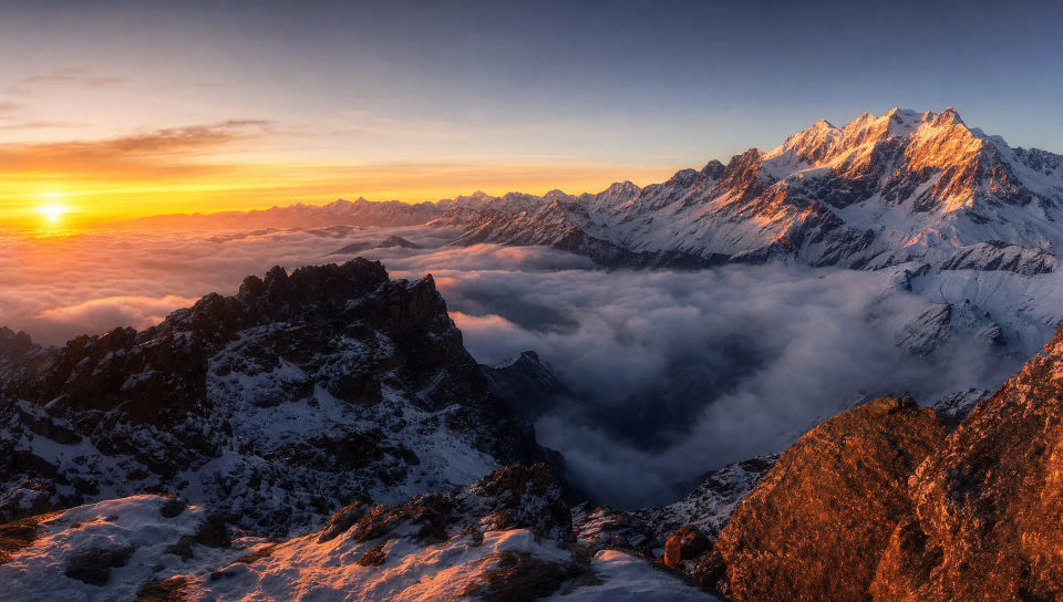 Sunrise across a snow-capped range