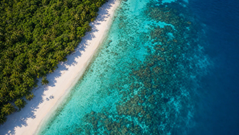 암초와 흰 모래의 항공 뷰