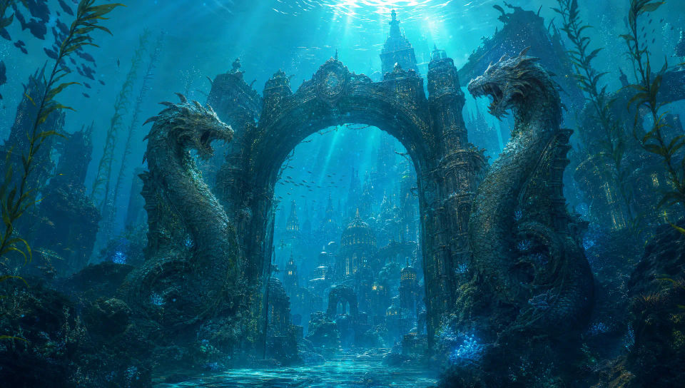 Grand gate guarded by stone leviathans