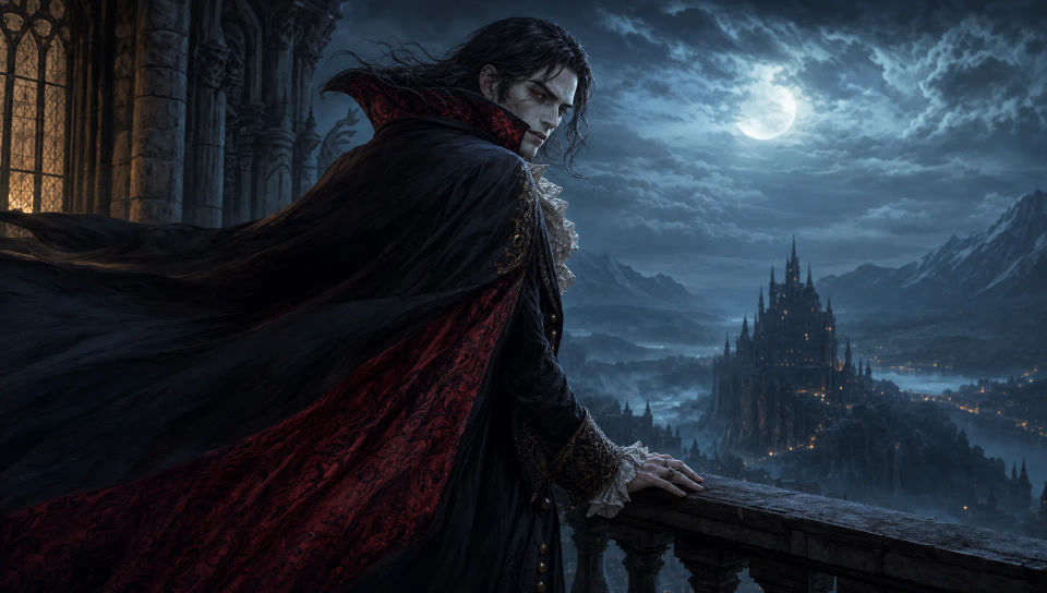 Vampire on a castle balcony at night