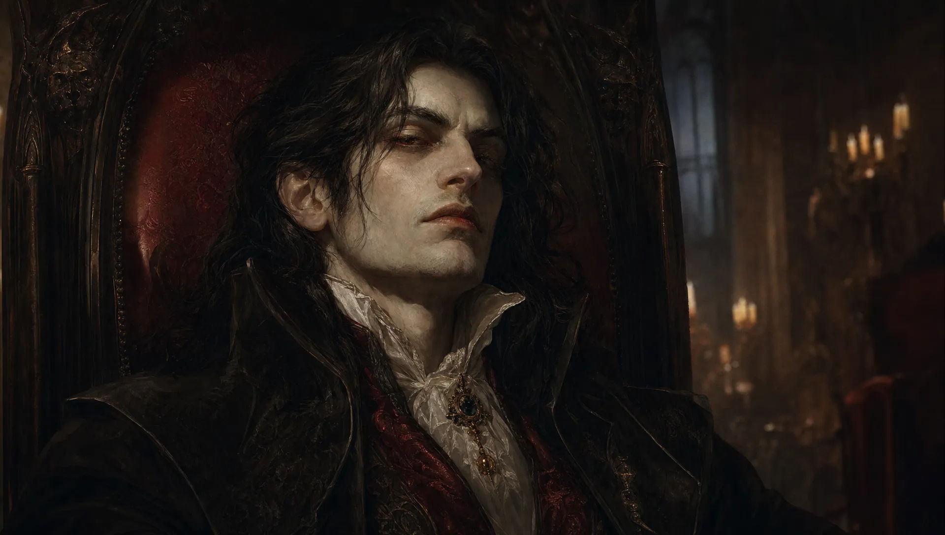 Candlelit portrait in a gothic hall
