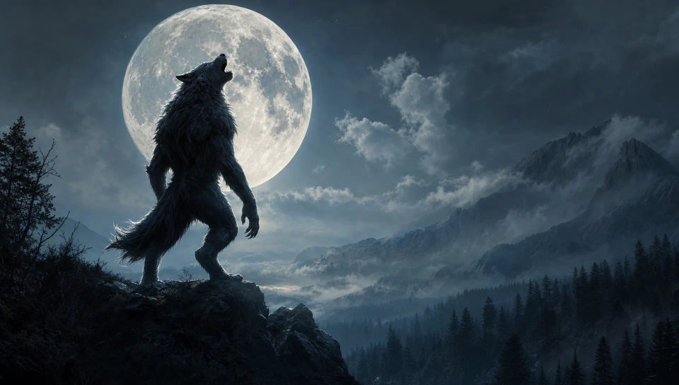 Howling on a ridge under the full moon