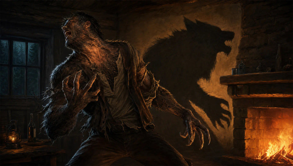 Mid-transformation by firelight