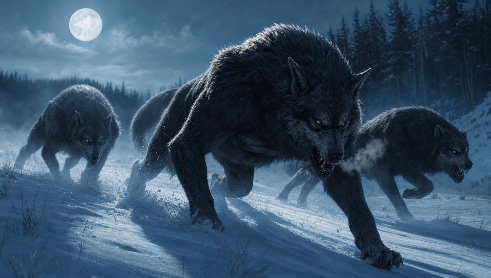 The pack on a snowy hunt
