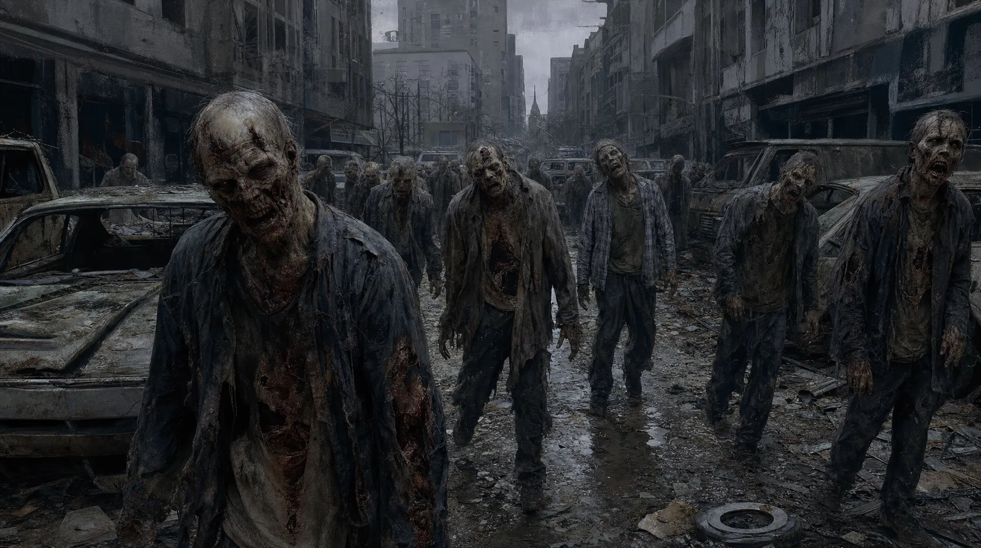 Horde shuffling down a ruined street