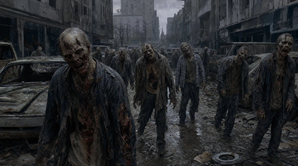Horde shuffling down a ruined street