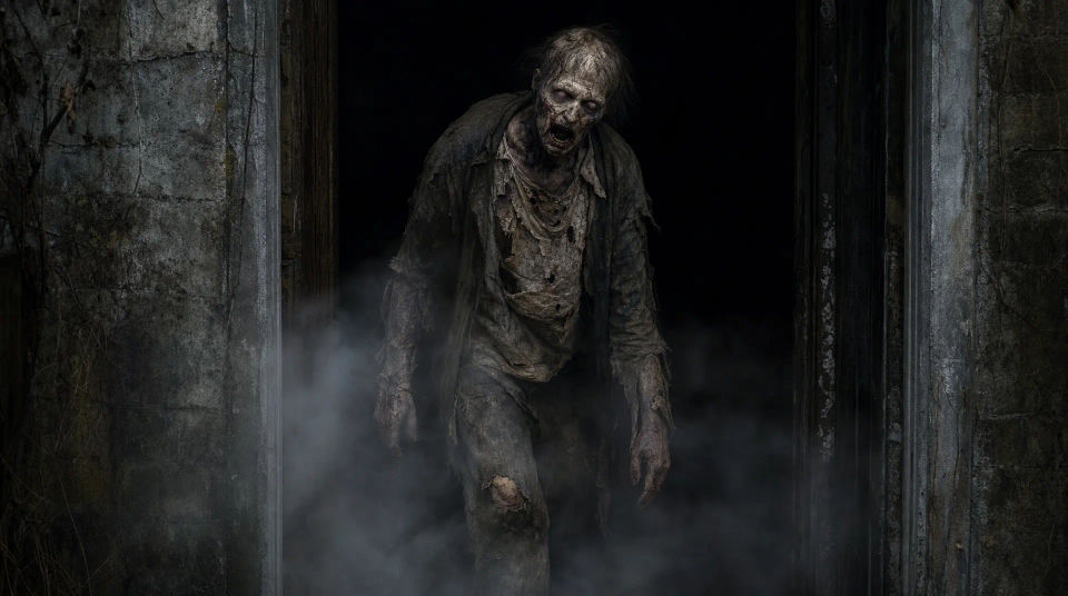 Lone zombie in a fog-filled doorway